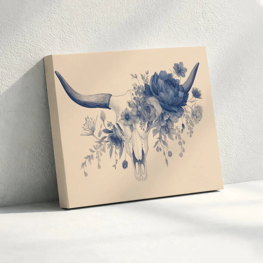 Floral Bull Skull Horizontal Canvas Wall Art | Boho Steer Horns Botanical Sketch | Premium 1.25” Gallery Wrap | Modern Southwest Desert Home Decor Gift