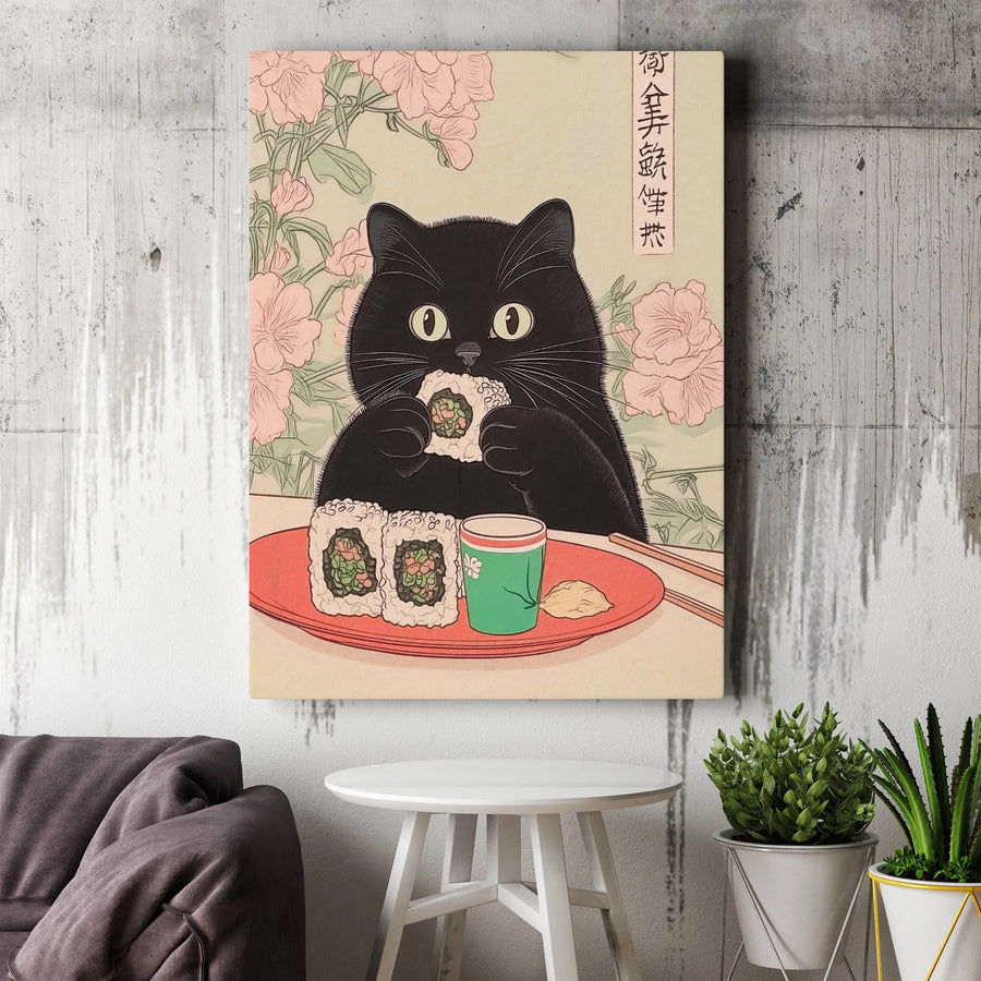 Black Cat Sushi Wall Art | Japanese Ukiyo-e Inspired Illustration | Premium Fade-Resistant Canvas | Unique Kitchen Decor Gift for Cat Lovers