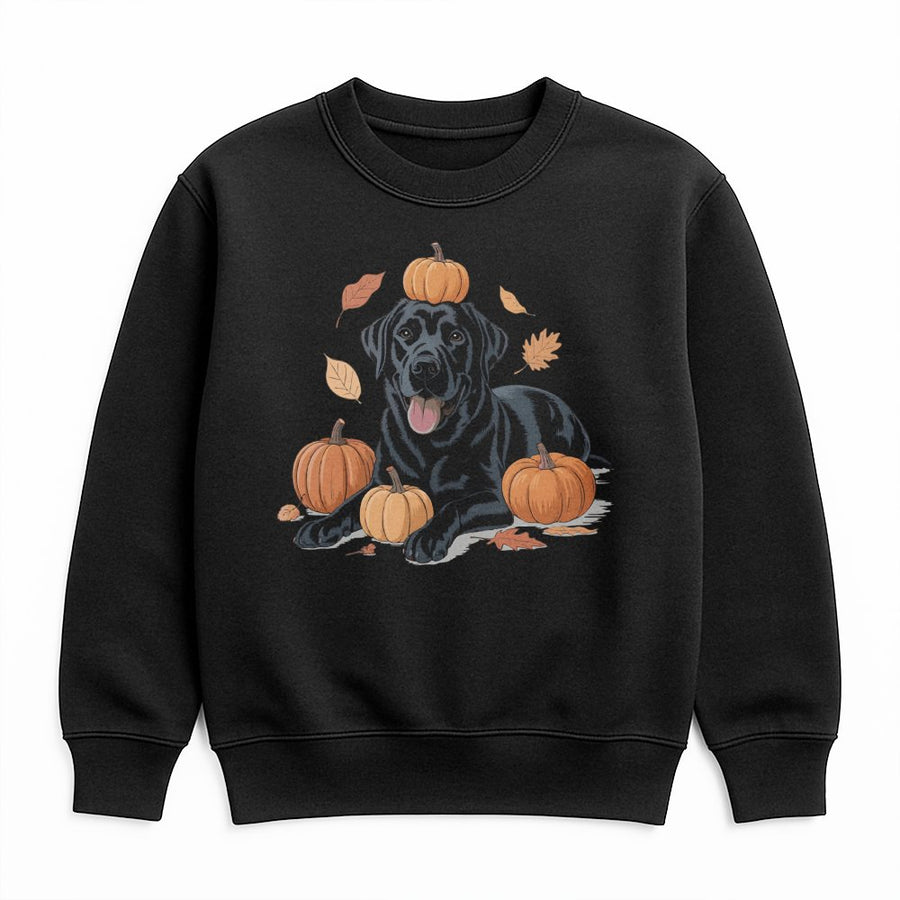 Black Labrador Sweatshirt | Fall Pumpkin Patch Graphic Design | Soft Cotton Blend Crewneck | Cute Autumn Dog Lover Gift For Women & Men