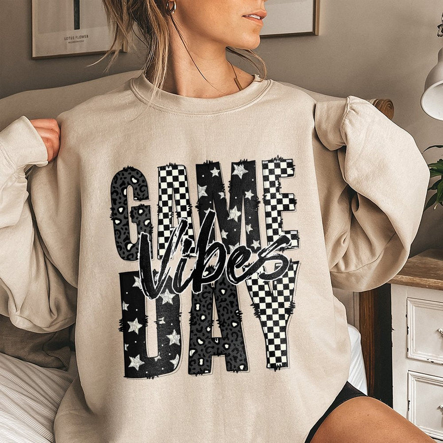 Game Day Vibes Sweatshirt | Checkerboard Animal Print Graphic | Cotton Blend Premium Apparel | Trendy Football Season Gift For Sports Moms