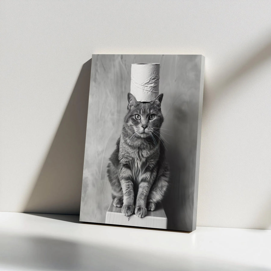 Funny Cat Canvas Wall Art | Tabby Cat With Toilet Paper Roll | Gallery Wrapped Premium Decor | Whimsical Pet Lover Gift