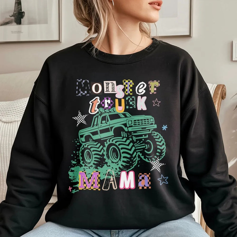 Monster Truck Mama Sweatshirt | Retro Checkered Graphic Pullover | Soft Cotton Blend | Trendy Gift for Mom