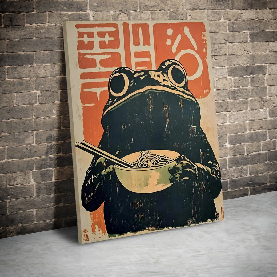 Japanese Ramen Frog Wall Art | Vintage Aesthetic Japanese Decor | Premium 1.25-Inch Gallery Wrapped Canvas | Quirky Kitchen & Dining Gift