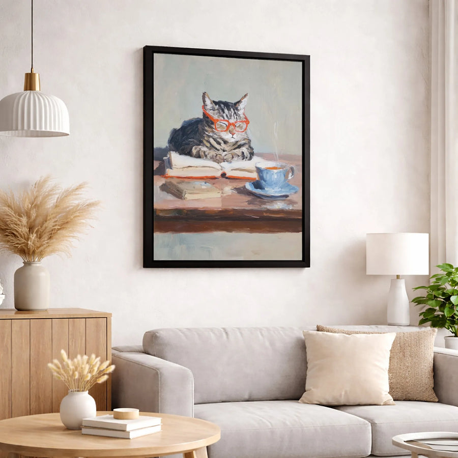 Reading Cat Canvas Wall Art | Whimsical Tabby with Orange Glasses | Premium Gallery-Wrapped Oil Painting Style | Aesthetic Book Lover Gift