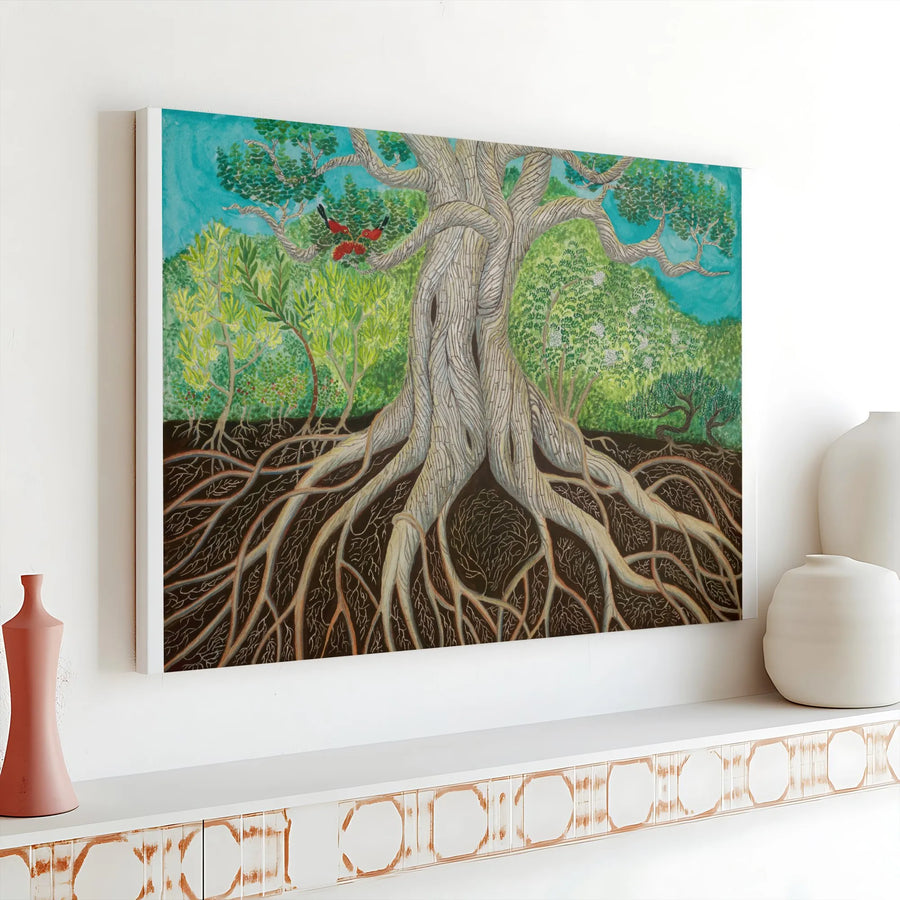 Ohia Tree Canvas Wall Art | Botanical Illustration with Iiwi Bird | Premium Fade-Resistant Print | Hawaiian Inspired Home Decor Gift