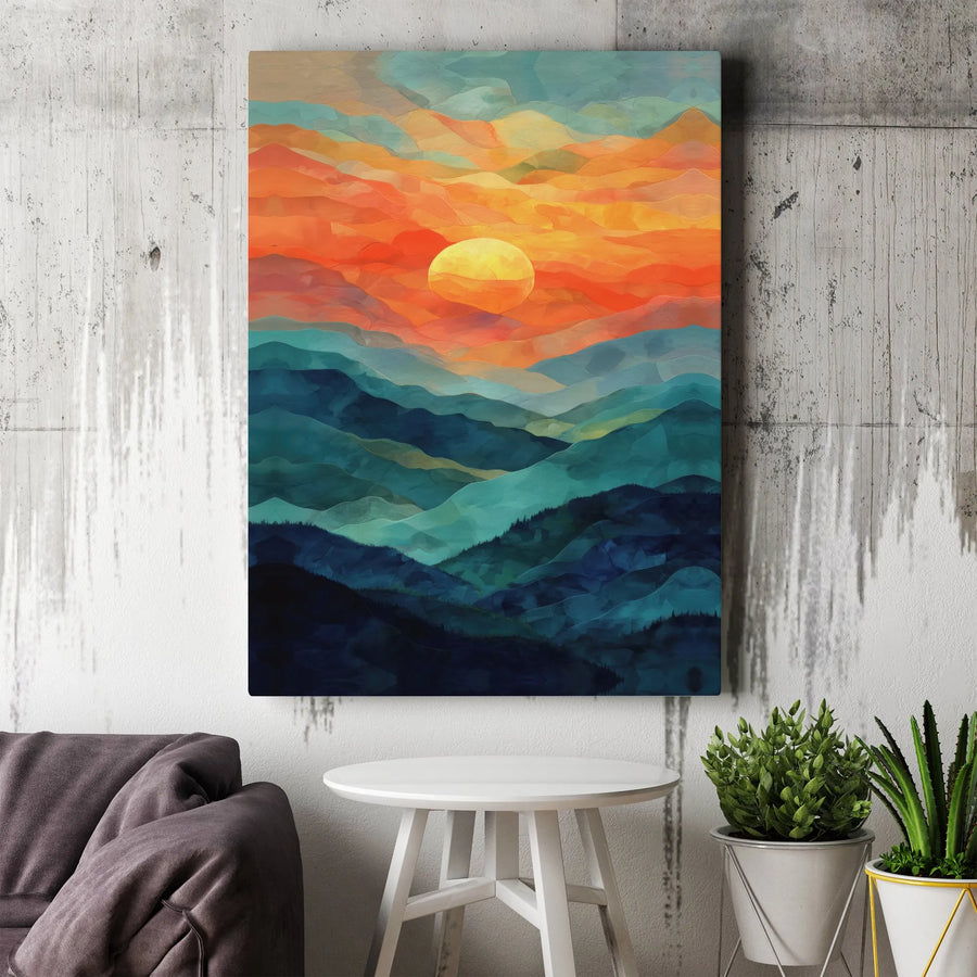 Abstract Mountain Canvas Wall Art | Geometric Sunset Landscape | Premium Gallery Wrapped Canvas | Modern Home Decor Gift