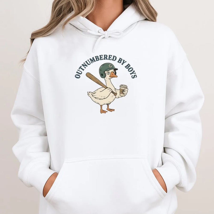 Boy Mom Hoodie | Outnumbered By Boys Funny Goose Graphic | Cozy Cotton Blend Pullover | Gift for Baseball Mom