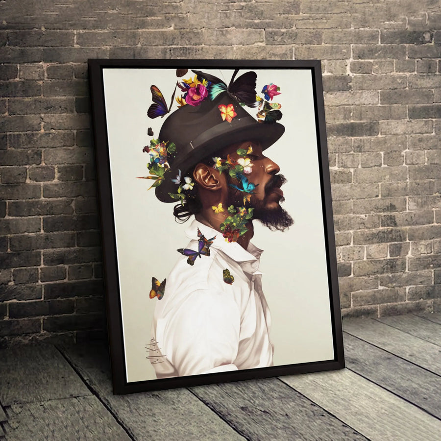 Black Man Art Canvas Print | Surrealist Portrait with Butterflies and Flowers | 1.25" Gallery Wrap | Modern Home Decor Gift