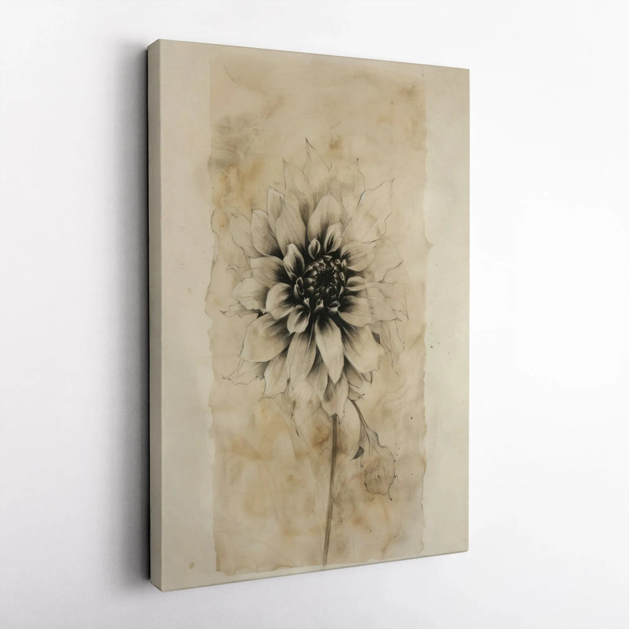 Vintage Dahlia Flower Vertical Canvas | Botanical Sketch on Aged Paper | Premium Frameless Wall Art | Minimalist Farmhouse Decor Gift