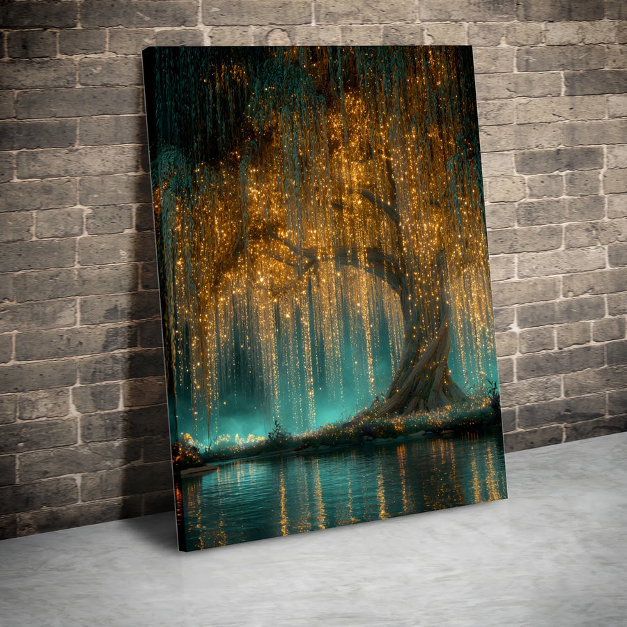 Magical Willow Tree Canvas Print | Cascading Fairy Lights Wall Art | Premium Fade-Resistant Decor | Enchanted Forest Landscape for Home