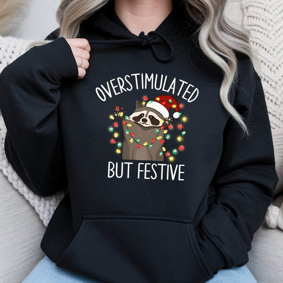 Overstimulated But Festive Raccoon Hoodie | Funny Christmas Lights Graphic | Premium Cotton Blend | Unisex Holiday Gift for Animal Lovers