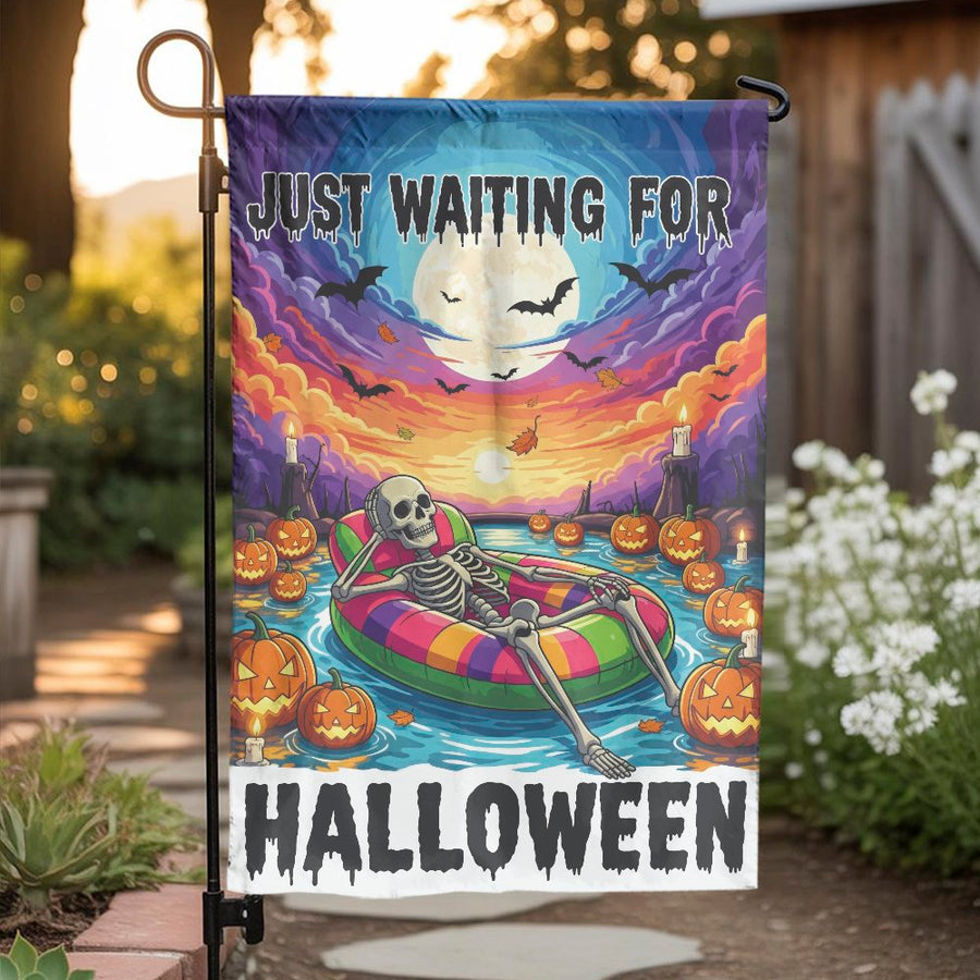 Just Waiting For Halloween Garden Flag | Spooky Skeleton Pool Float Art | Durable Polyester Outdoor Decor | Festive Fall Yard Decoration Gift