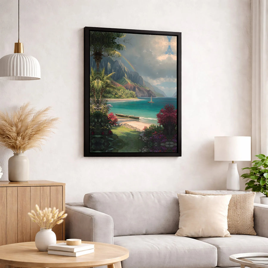 Tropical Hawaiian Coast Canvas Print | Rainbow Over Mountains Sailboat Landscape | Gallery Quality 1.25 Inch Wrap | Premium Island Home Decor Wall Art