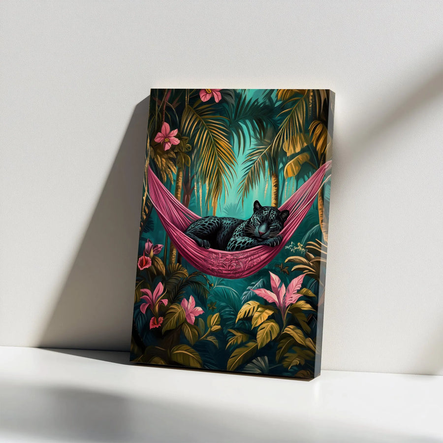Black Panther Canvas Wall Art | Tropical Jungle Sleeping Leopard | Premium Gallery Wrap Print | Modern Botanical Home Decor Gift