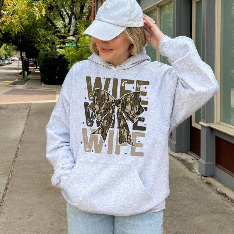 Wife Camo Bow Hoodie | Rustic Country Style Graphic Sweatshirt | Premium Cotton Blend | Gift for Her Hunting Wife Aesthetic