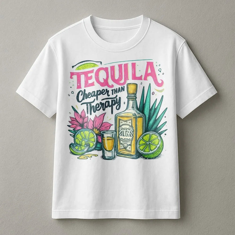Tequila Cheaper Than Therapy T-Shirt | Funny Drinking Slogan Graphic Tee | Premium Soft Cotton | Gift for Cocktail Lovers and Party Girls