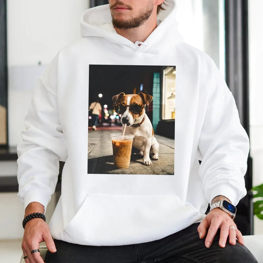 Funny Dog Iced Coffee Hoodie | Trendy Aesthetic Graphic Tee with Sunglasses | Premium Comfort Colors Cotton | Gift for Dog Mom and Coffee Lover