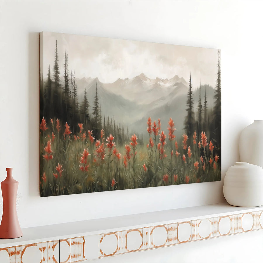 Mountain Landscape Canvas Print | Misty Wildflower Meadow & Forest Scene | Premium Gallery Quality Art | Rustic Farmhouse Wall Decor Gift