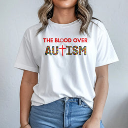 Blood Over Autism T-Shirt | Christian Puzzle Piece Cross Graphic Tee | Soft Cotton-Poly Blend | Faith Based Autism Awareness Gift