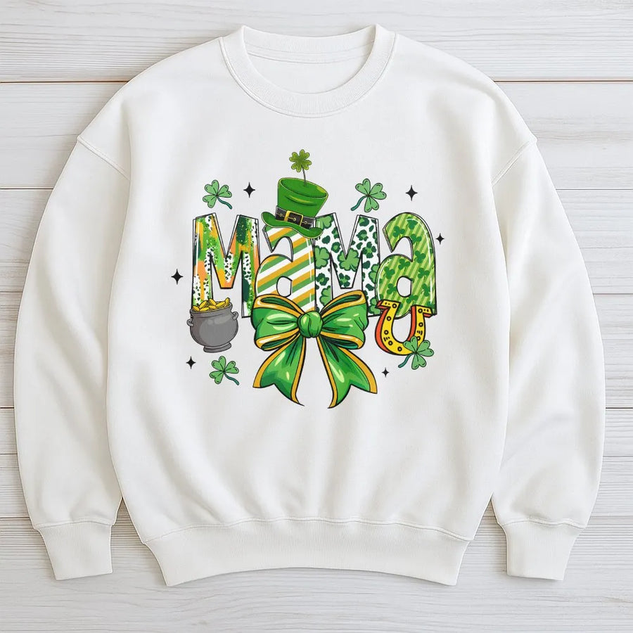 Lucky Mama St Patrick's Day Sweatshirt | Shamrock Clover Coquette Bow Graphic | Premium Cotton Blend | Gift for Irish Mom