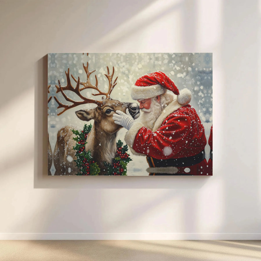 Santa And Reindeer Canvas Print | Magical Snowy Christmas Wall Art | Premium Gallery Wrap Decor | Festive Holiday Home Gift