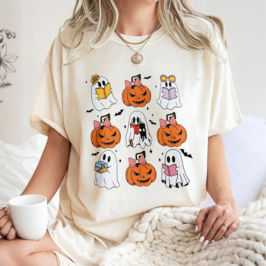 Cute Ghost Pumpkin T-Shirt | Reading Ghosts and Jack-O-Lanterns Graphic | 100% Cotton Premium Tee | Spooky Season Gift for Book Lovers