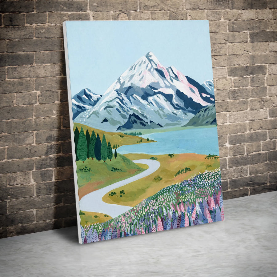 Mountain Landscape Canvas Wall Art | Painterly Alpine Lake & Wildflower Meadow | Premium Gallery-Wrapped Canvas | Living Room Decor Gift for Nature Lovers