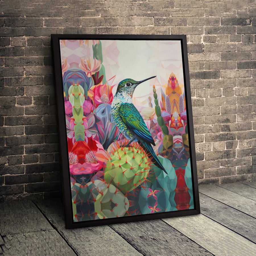 Hummingbird Cactus Canvas Art | Geometric Desert Floral Wall Decor | Premium Fade-Resistant Print | Colorful Wildlife Nature Gift for Home