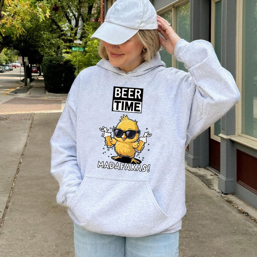 Beer Time Funny Chicken Hoodie | Cool Chick Holding Beers Graphic | Premium Cotton Blend Unisex Sweatshirt | Gift for Beer Lovers