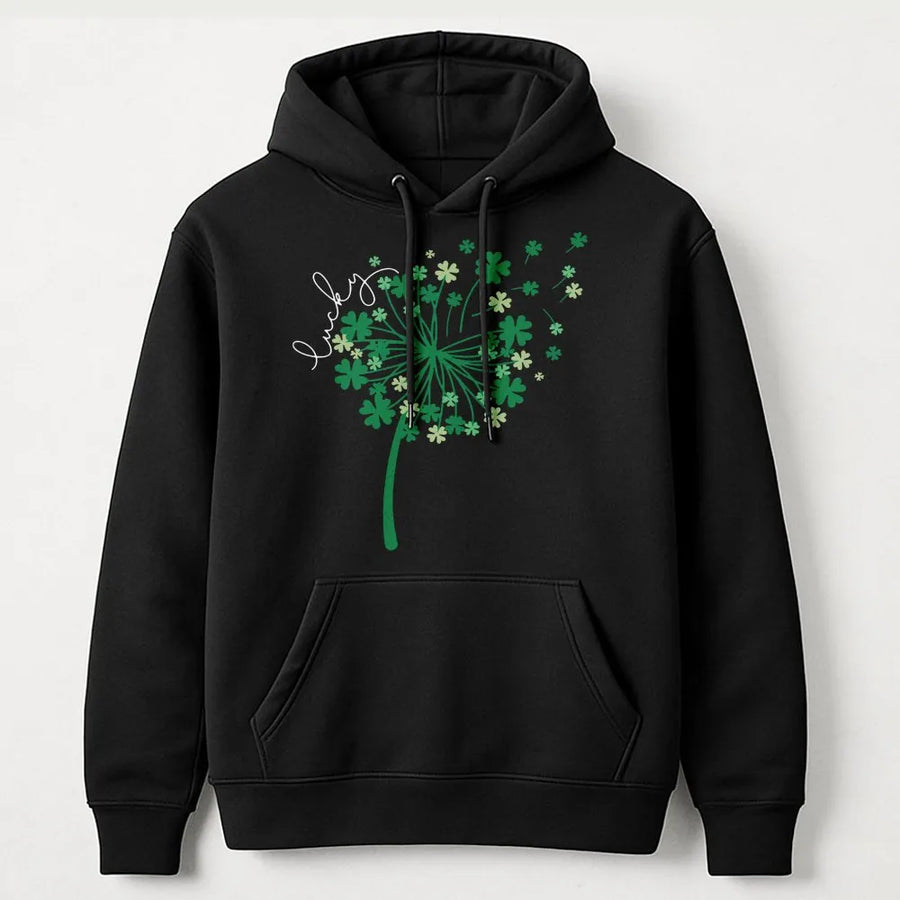 Lucky Shamrock Dandelion Hoodie | Minimalist Clover Graphic Art | Premium Cotton Blend | St. Patrick’s Day Gift For Women And Men