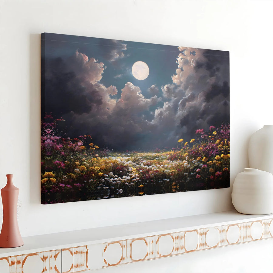 Moonlit Wildflower Meadow Canvas | Moody Floral Landscape Painting | Premium Fade-Resistant Print | Living Room Wall Decor Gift