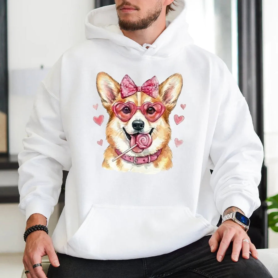 Corgi Hoodie | Cute Heart Glasses Dog Graphic | Premium Cotton Blend | Valentine Gift for Dog Mom Women
