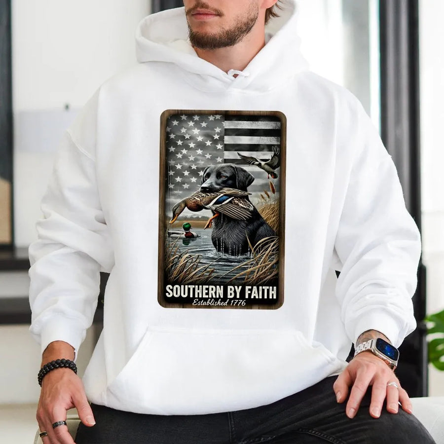 Black Lab Duck Hunting Hoodie | American Flag Patriotic Retriever Design | Premium Cotton Blend | Gift for Hunters and Outdoorsmen