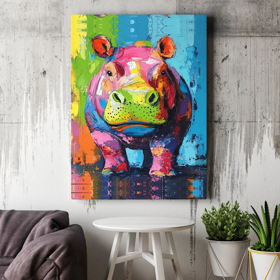 Colorful Abstract Hippo Canvas Print | Modern Palette Knife Wall Art | Gallery Wrapped Premium Canvas | Vibrant Animal Decor For Living Room