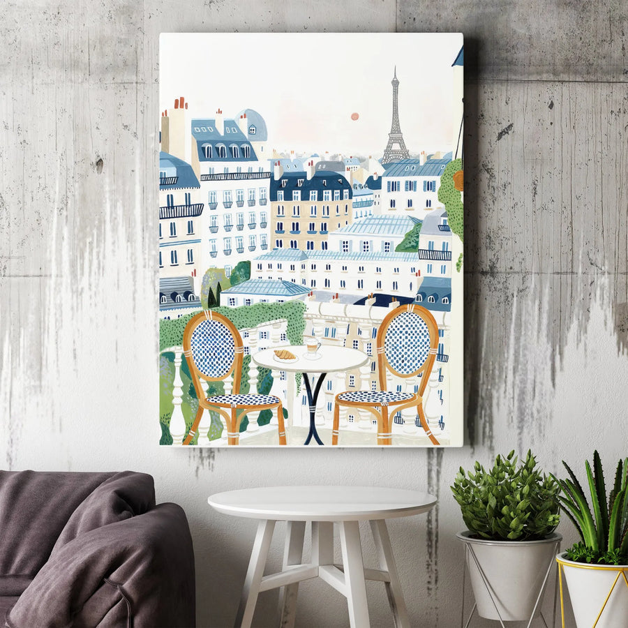 Parisian Balcony Canvas Print | Eiffel Tower View with Bistro Chairs | Premium 1.25 inch Gallery Wrap | Travel Decor Gift for Her