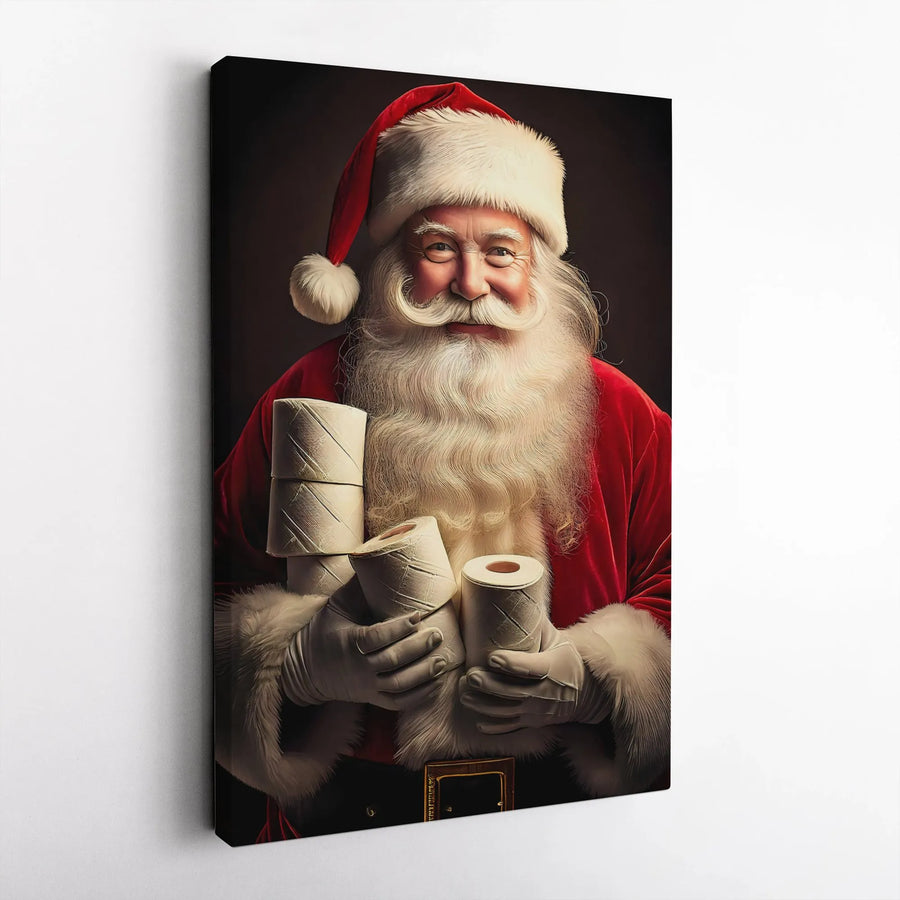 Funny Santa Holding Toilet Paper Canvas Print | Humorous Holiday Wall Decor | Premium Gallery Wrap Art | Quirky Christmas Gift for Bathroom