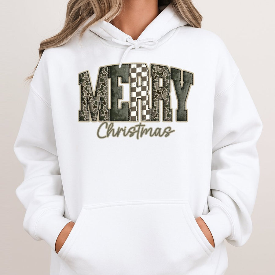 Merry Christmas Camo Hoodie | Trendy Checkerboard Graphic | Premium Cotton Blend | Unisex Holiday Gift for Her