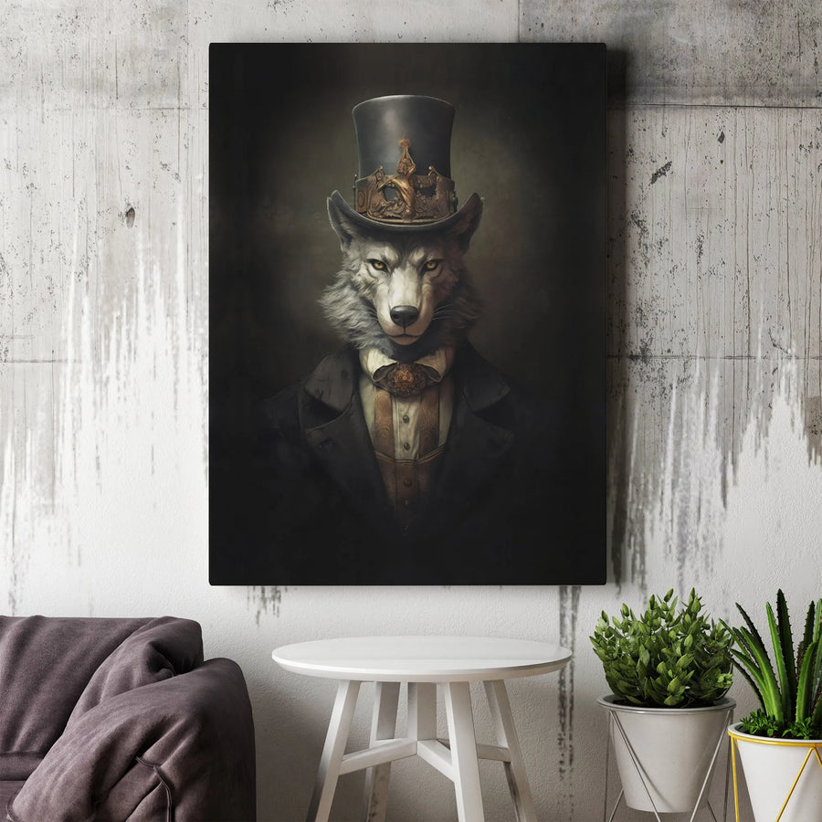 Steampunk Wolf Canvas Print | Gentleman Animal Portrait Wall Art | Premium Fade-Resistant Gallery Wrap | Gothic Victorian Home Decor Gift