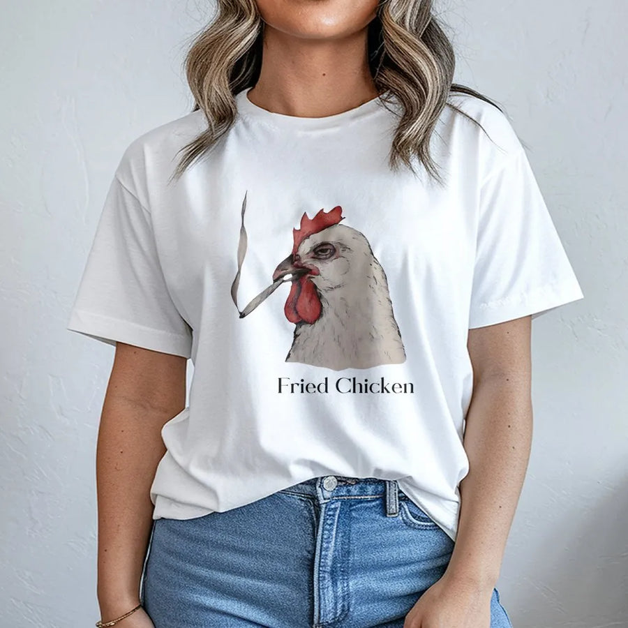 Fried Chicken Graphic T-Shirt | Smoking Rooster Funny Weed Design | Premium Soft Cotton Tee | Hilarious 420 Gift for Stoners and Friends