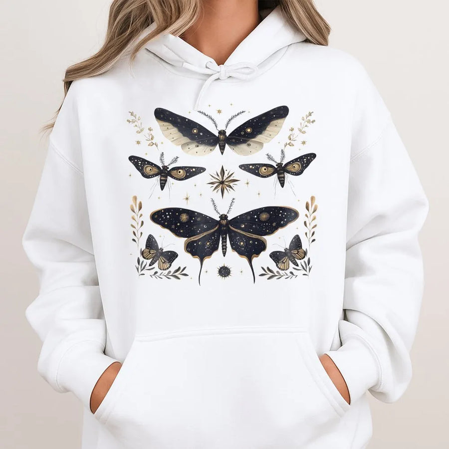 Celestial Luna Moth Hoodie | Mystical Moon Phase & Wildflower Graphic | Premium Cotton Blend Sweatshirt | Witchy Cottagecore Aesthetic Gift