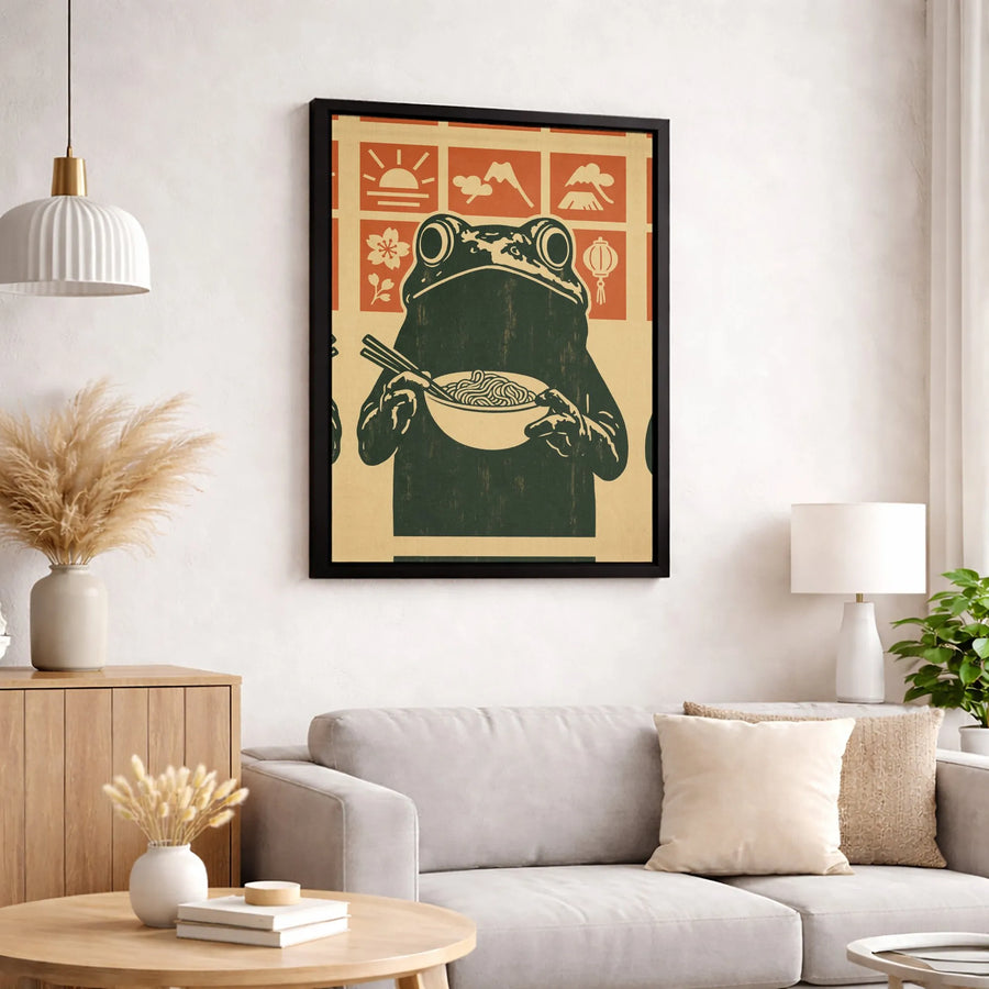 Japanese Ramen Frog Wall Art | Vintage Ukiyo-E Inspired Ramen Poster | Gallery Quality 1.25 Inch Thick Canvas | Whimsical Kitchen Decor Gift