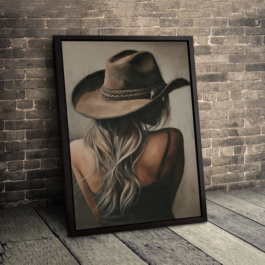 Western Cowgirl Canvas Wall Art | Blonde Woman in Cowboy Hat Portrait | Gallery-Quality 1.25 inch Thick Print | Rustic Farmhouse Decor Gift