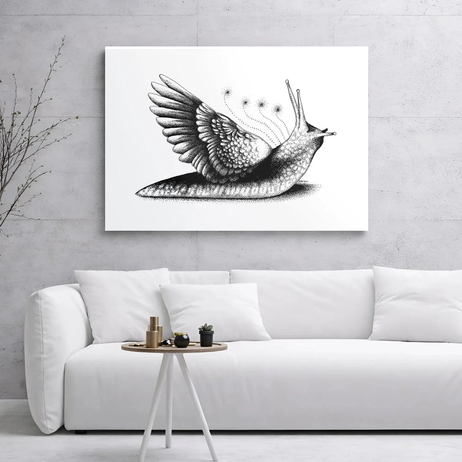 Surreal Winged Slug Canvas Art | Stippling Dotwork Illustration | Premium 1.25" Gallery Wrap | Unique Surrealist Wall Decor Gift