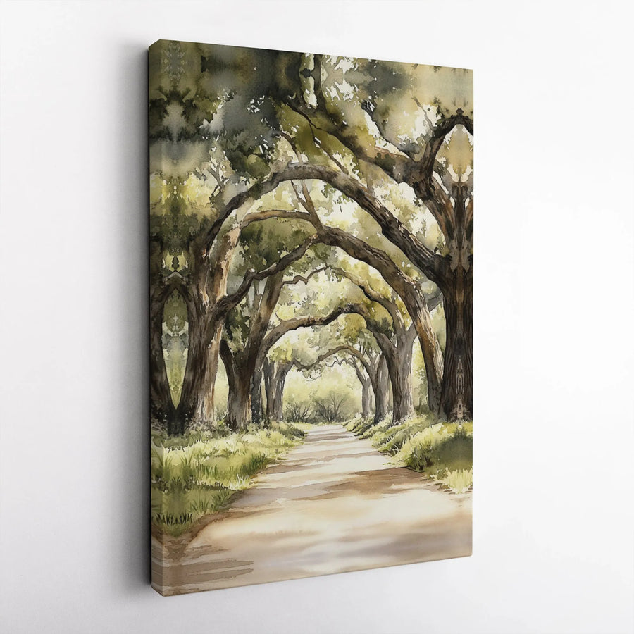 Watercolor Live Oak Tree Alley Vertical Canvas | Scenic Forest Path Landscape Wall Art | Premium 1.25 Inch Gallery Wrap | Cozy Nature Lover Gift