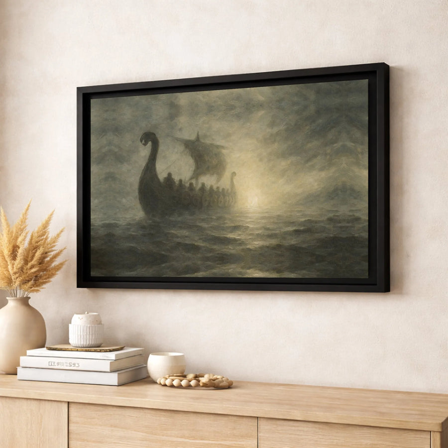 Viking Longship Canvas Art | Moody Foggy Sea Landscape | Premium Gallery-Wrapped Print | Norse Mythology Wall Decor for Home Office
