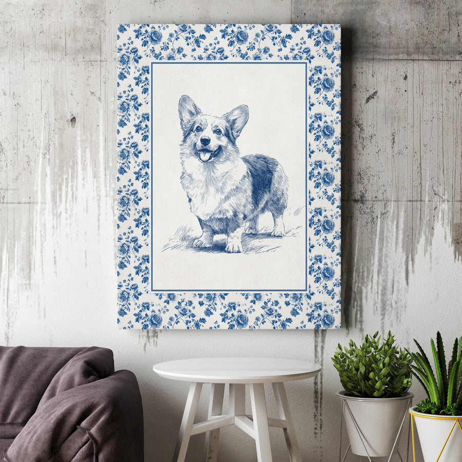 Corgi Wall Art | Blue Sketch Chinoiserie Floral Border | Premium Gallery Wrapped Canvas | Dog Lover Home Decor Gift