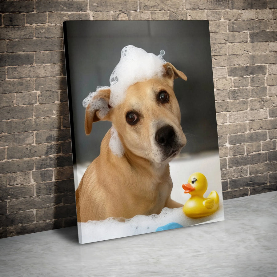Dog In Bathtub Canvas Wall Art | Funny Puppy Bubble Mohawk Portrait | Premium Gallery Wrapped Print | Cute Bathroom Decor Gift For Dog Lovers