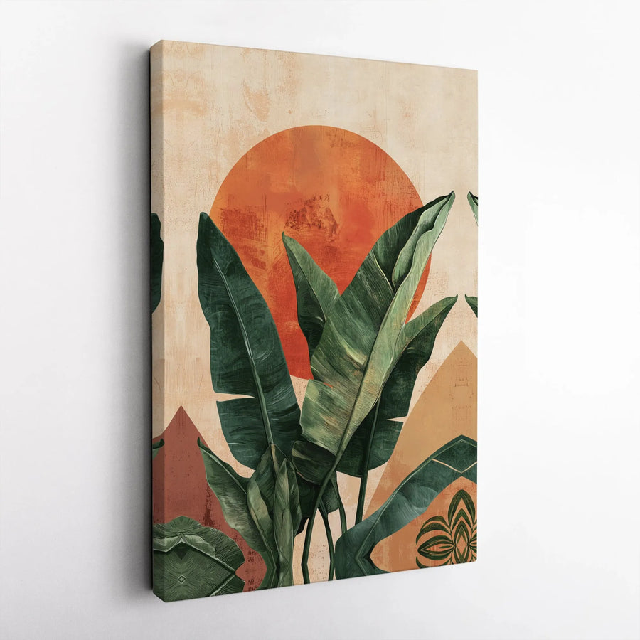 Bohemian Tropical Leaf Wall Art | Abstract Sun Mid-Century Modern Print | Premium Gallery Wrap Canvas | Botanical Home Decor Gift for Living Room