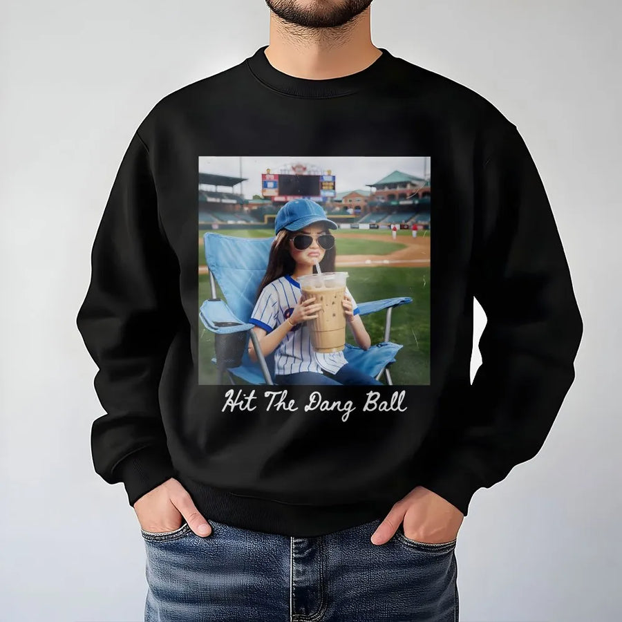Funny Baseball Mom Sweatshirt | Hit The Dang Ball Graphic Tee with Doll Drinking Coffee | Soft Cotton Game Day Apparel | Gift For Softball Mama