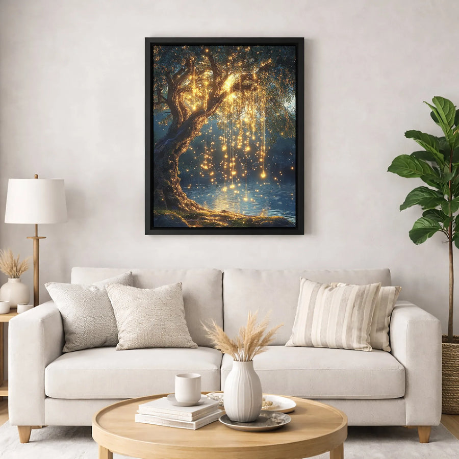 Enchanted Willow Tree Canvas Art | Glowing Fairy Lights Nature Print | Premium 1.25 Inch Gallery Wrap | Dreamy Forest Wall Decor Gift